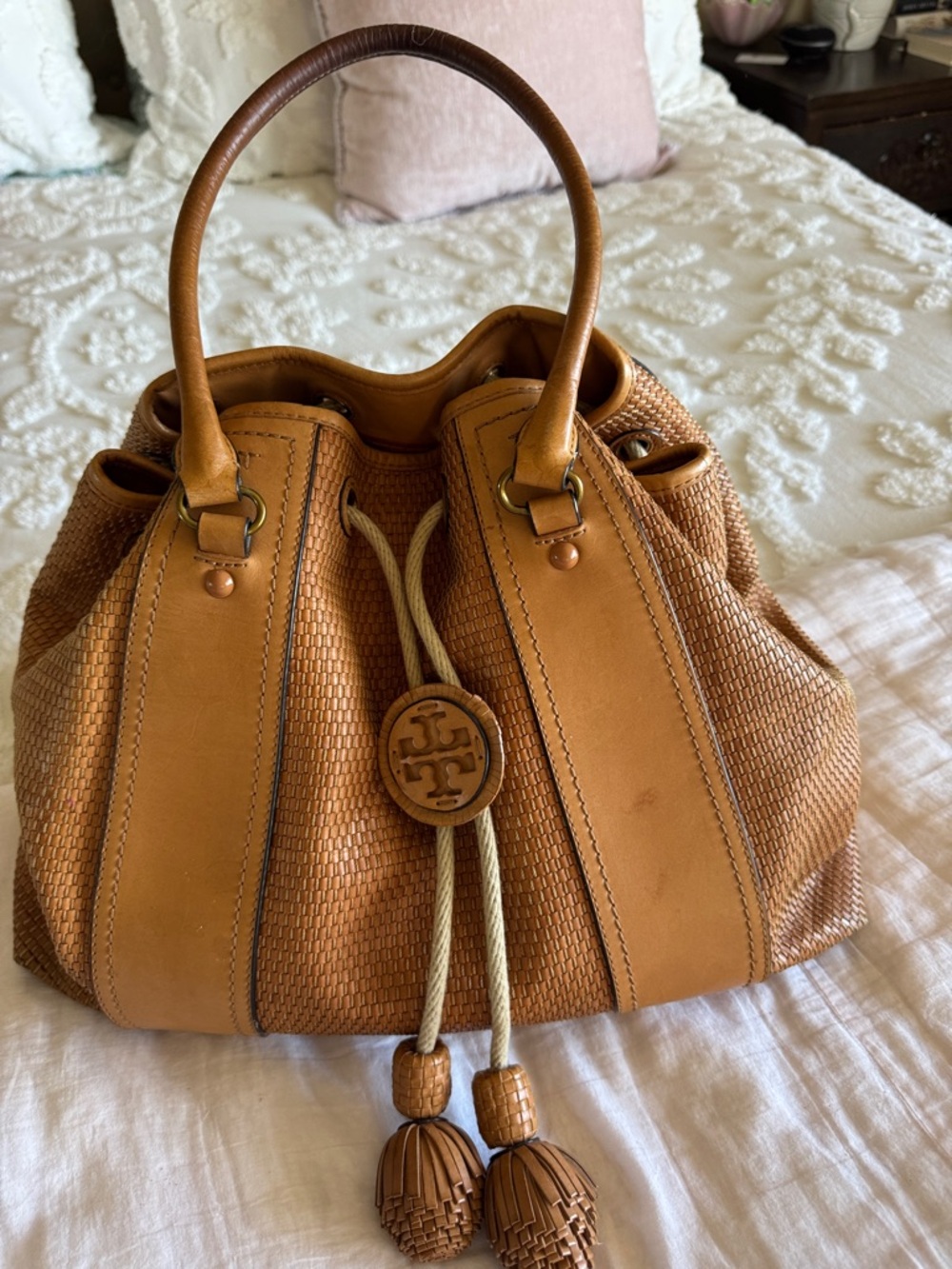 Tory Burch Tan Woven Leather Drawstring Shoulder Bag